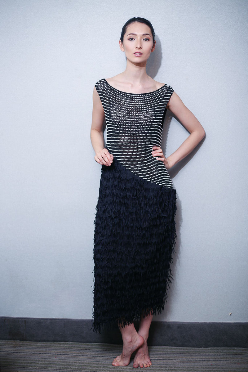 Hand Crocheted Tiny Faux Pearls and Fringe fabric made from recycled polyester Dress