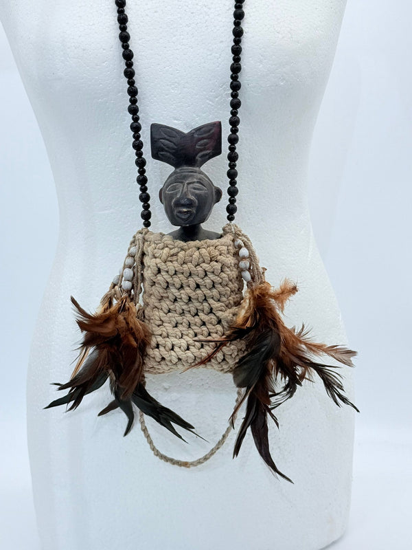 Vintage Papua Asmat wooden carving pendant Necklace