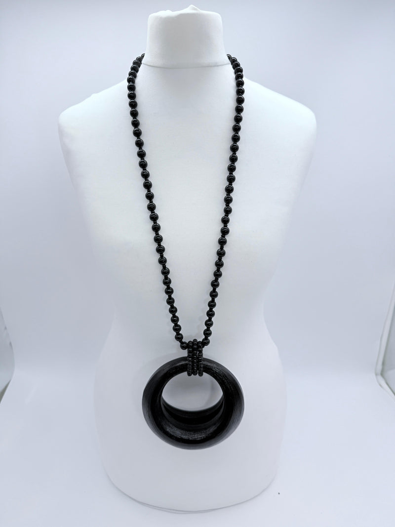 Lunar Curve – Bamboo Crescent Pendant With Recycled Wooden Weads Necklace