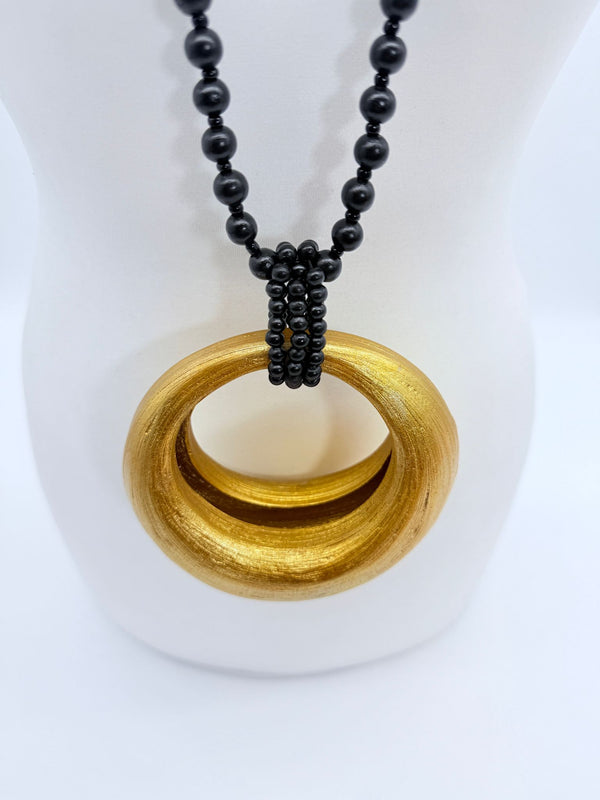 Lunar Curve – Bamboo Crescent Pendant With Recycled Wooden Weads Necklace