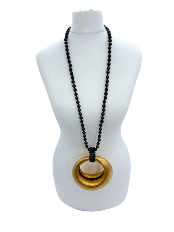 Lunar Curve – Bamboo Crescent Pendant With Recycled Wooden Weads Necklace