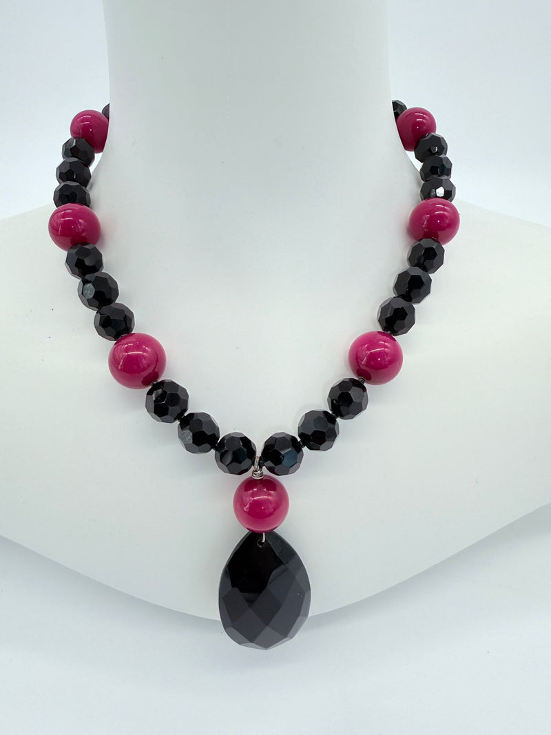 Faceted Black glass beads with stone necklace