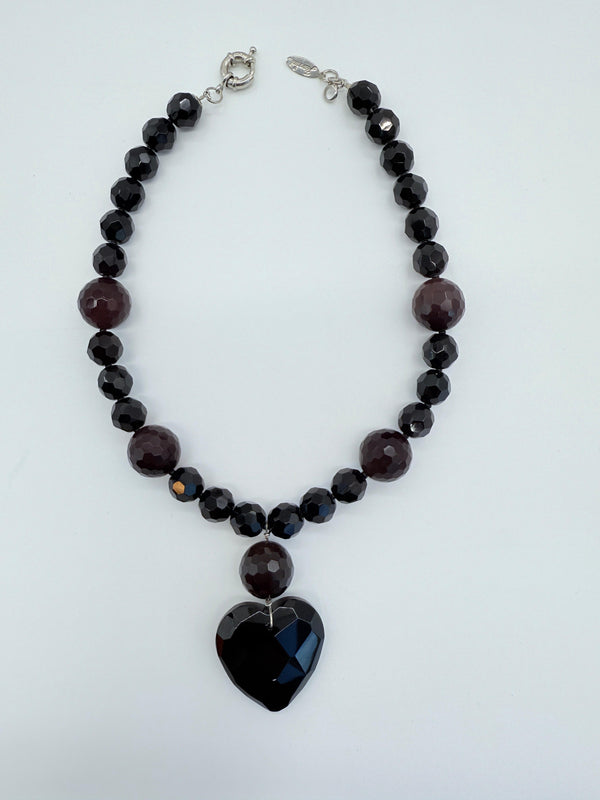 Faceted Black glass beads with stone necklace