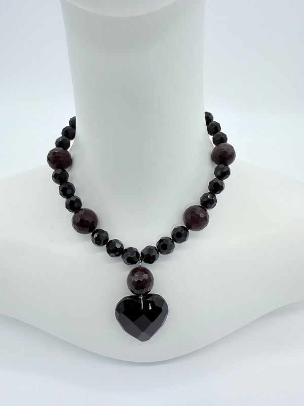 Faceted Black glass beads with stone necklace