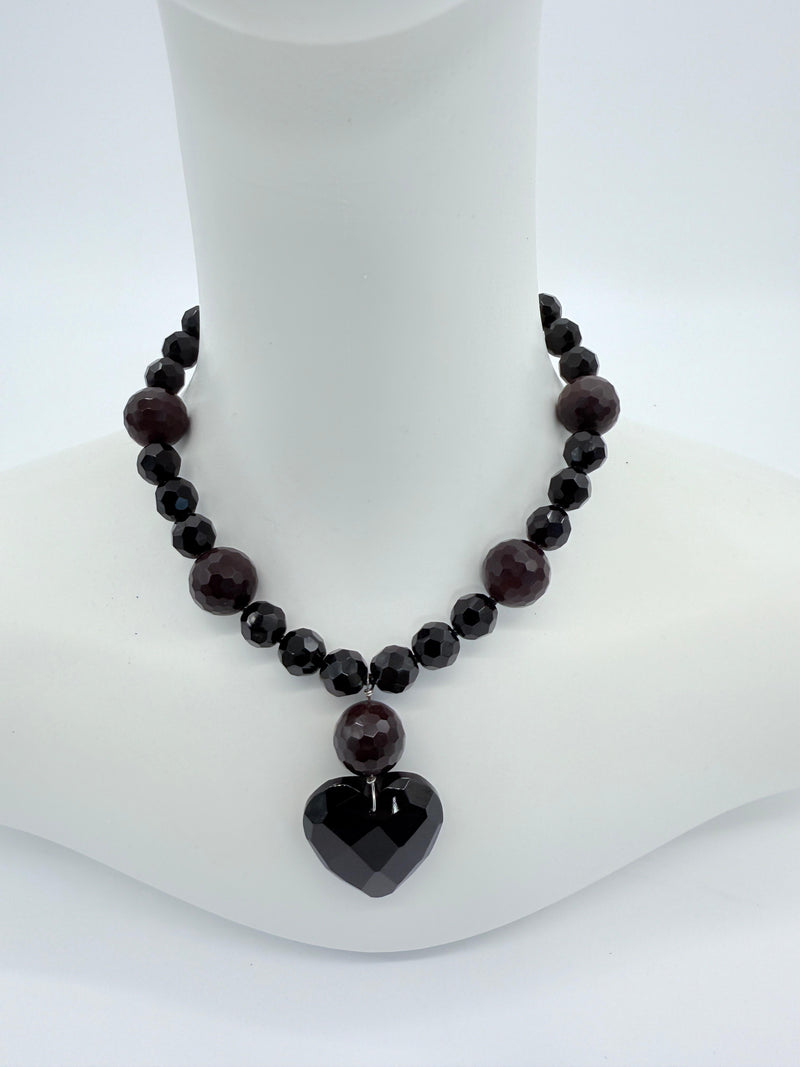 Faceted Black glass beads with stone necklace