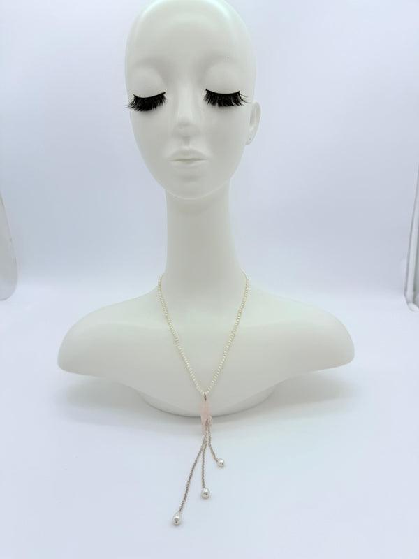 Tiny fresh water pearl necklace with rose quartz pendant, silver chain tassel necklace