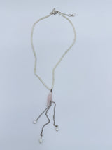 Tiny fresh water pearl necklace with rose quartz pendant, silver chain tassel necklace