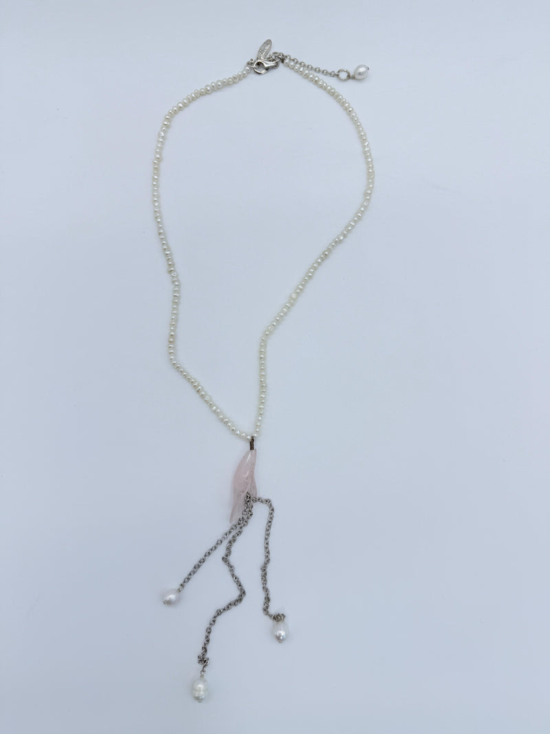Tiny fresh water pearl necklace with rose quartz pendant, silver chain tassel necklace