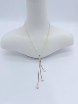 Tiny fresh water pearl necklace with rose quartz pendant, silver chain tassel necklace