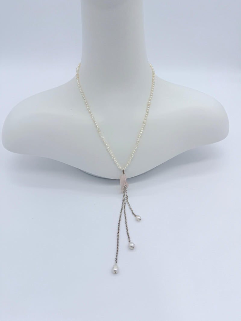 Tiny fresh water pearl necklace with rose quartz pendant, silver chain tassel necklace