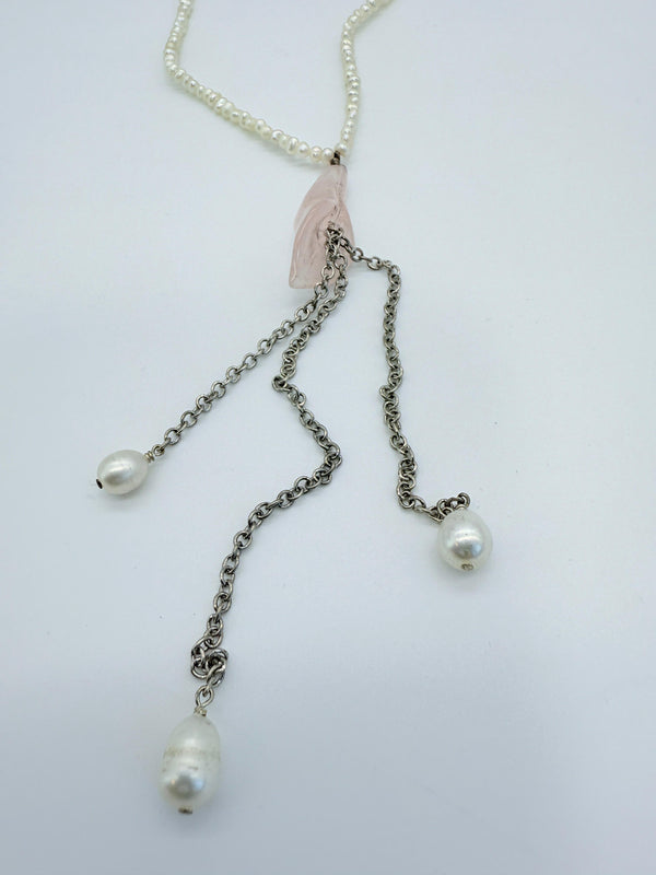 Tiny fresh water pearl necklace with rose quartz pendant, silver chain tassel necklace
