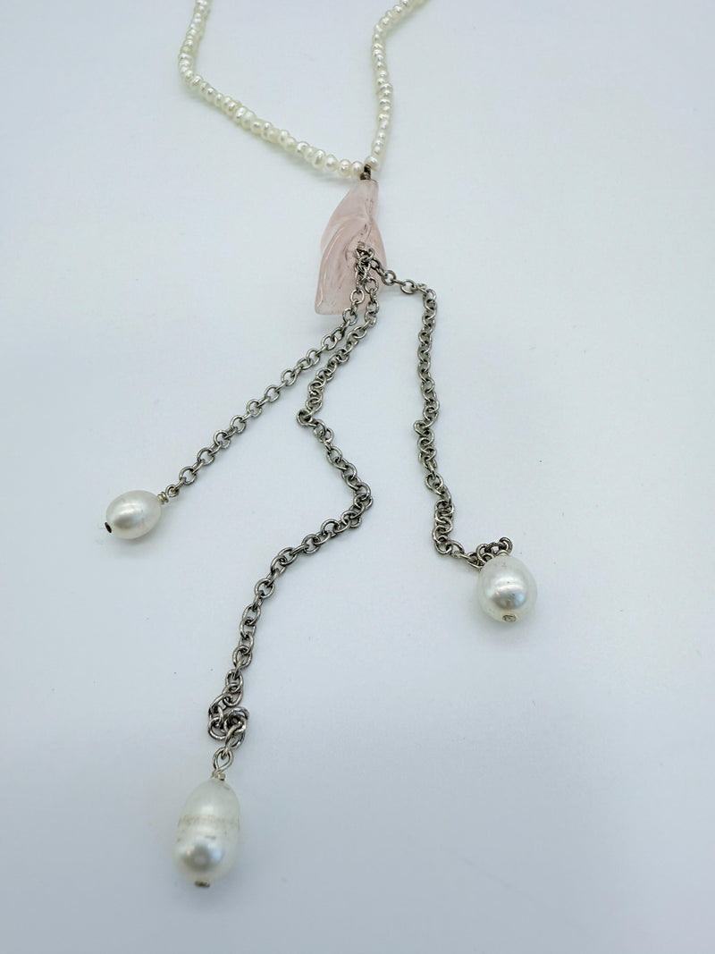 Tiny fresh water pearl necklace with rose quartz pendant, silver chain tassel necklace