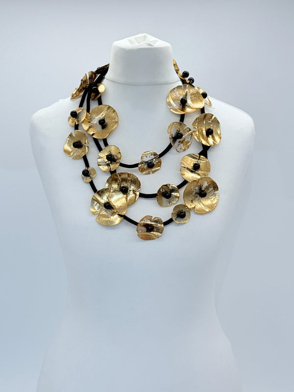 Handmade Recycled Plastic Poppy Flower Necklace – Statement Jewelry Hand Gilded
