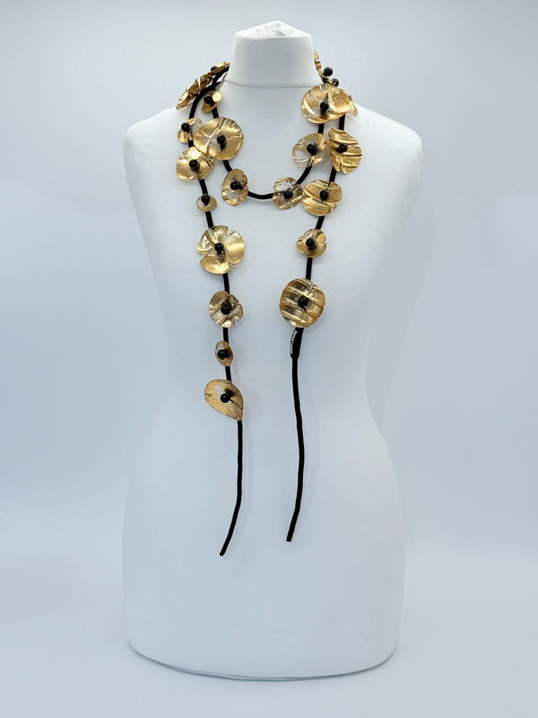 Handmade Recycled Plastic Poppy Flower Necklace – Statement Jewelry Hand Gilded