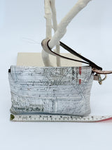 Handmade Recycled Leather Wristlet – Artistic Boho Bag with Newspaper Motif