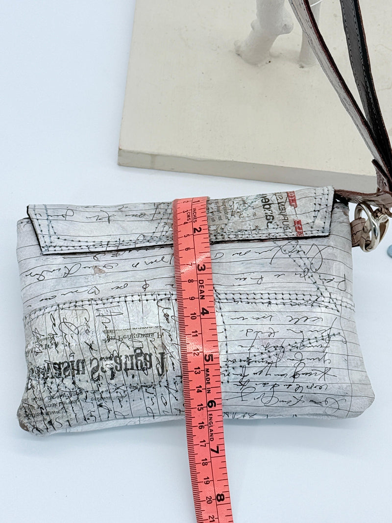 Handmade Recycled Leather Wristlet – Artistic Boho Bag with Newspaper Motif