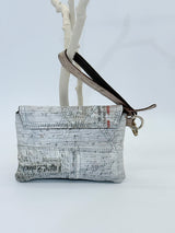 Handmade Recycled Leather Wristlet – Artistic Boho Bag with Newspaper Motif