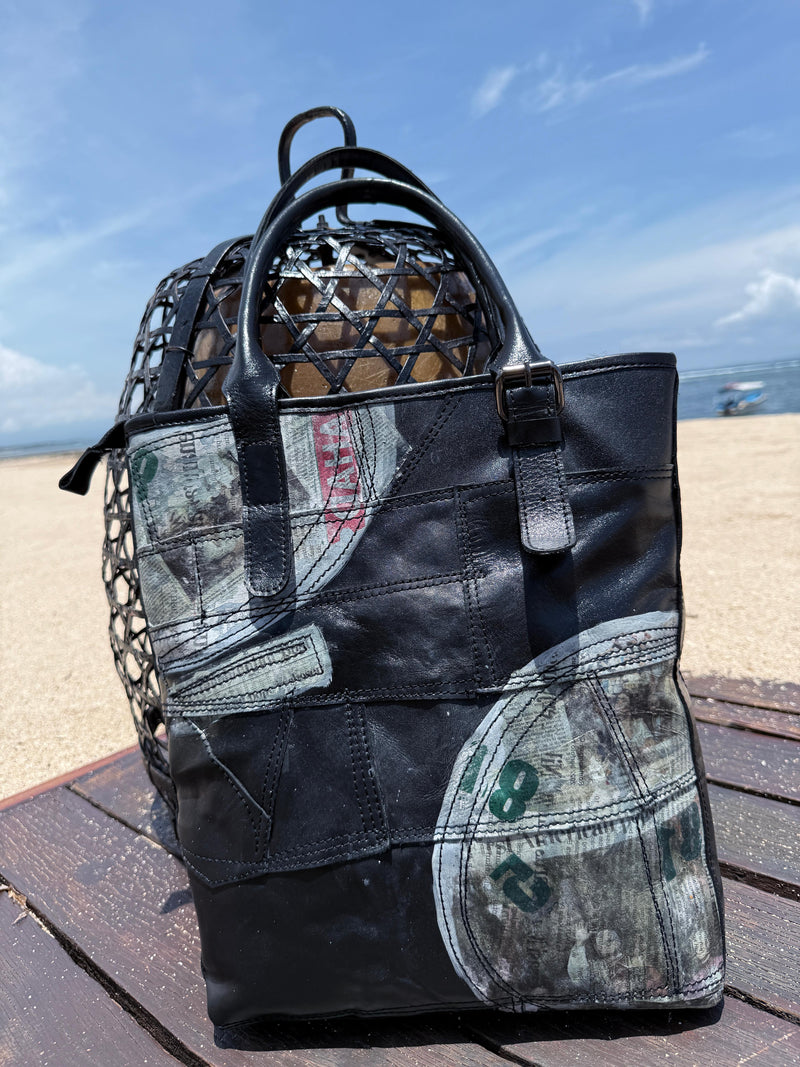 Handmade Recycled Leather with portrait of Pope Leo Shoulder Bag Artistic Design - Limited Edition