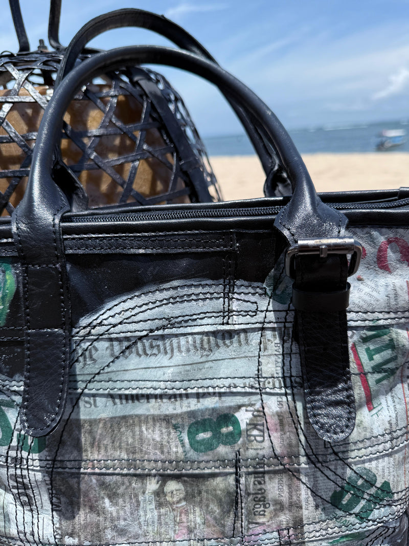 Handmade Recycled Leather with portrait of Pope Leo Shoulder Bag Artistic Design - Limited Edition