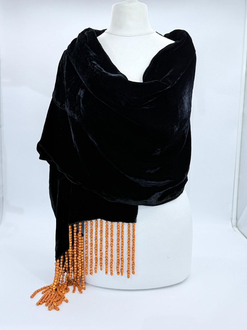 Handmade Vintage Silk Velvet Scarf with Recycled Wooden Bead