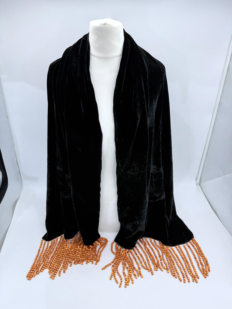 Handmade Vintage Silk Velvet Scarf with Recycled Wooden Bead
