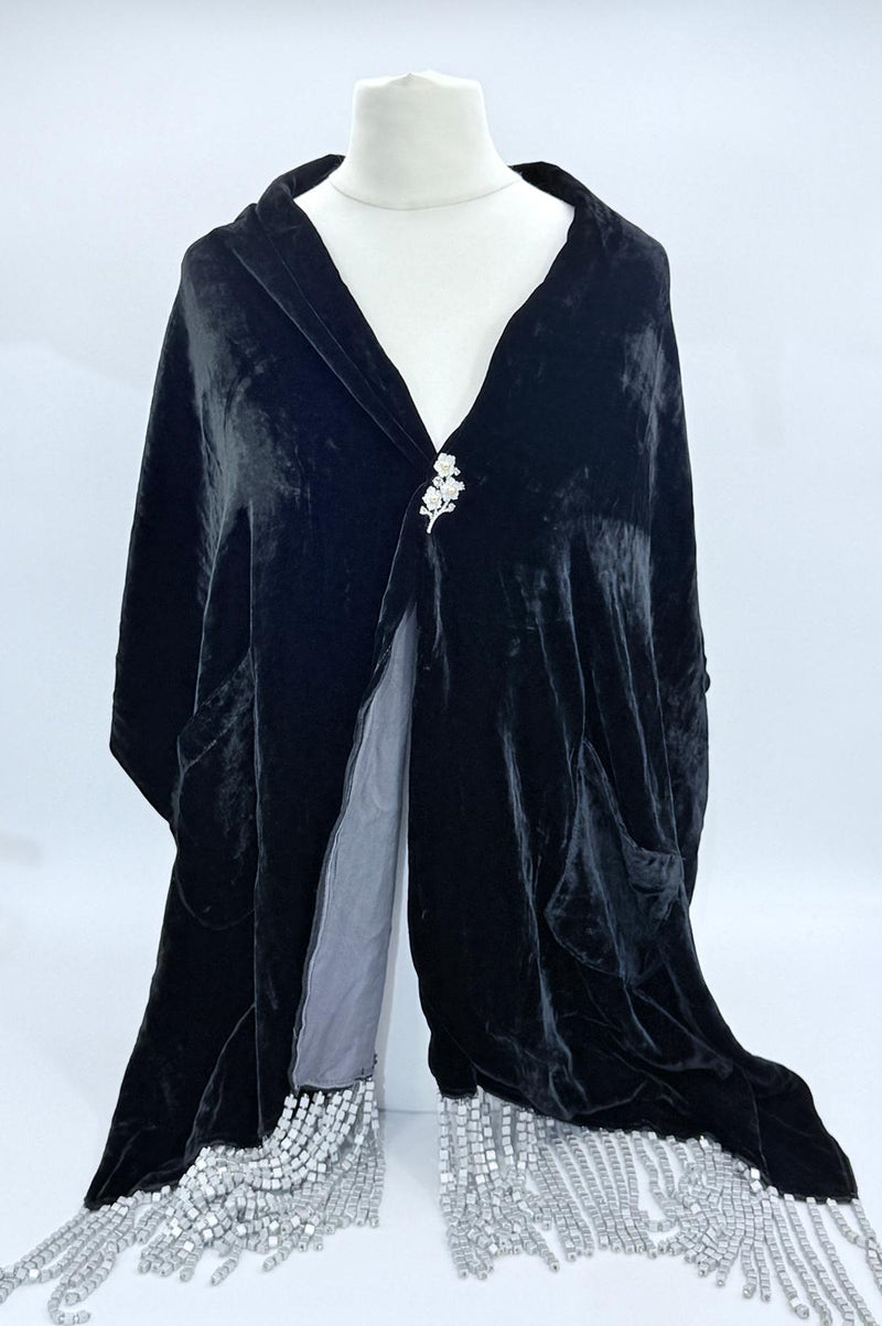 Handmade Vintage Silk Velvet Scarf with Recycled Wooden Bead