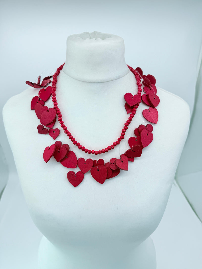 HAPPY HEARTS WITH SMALL BEADS MADE FROM RECYCLED WOOD NECKLACE