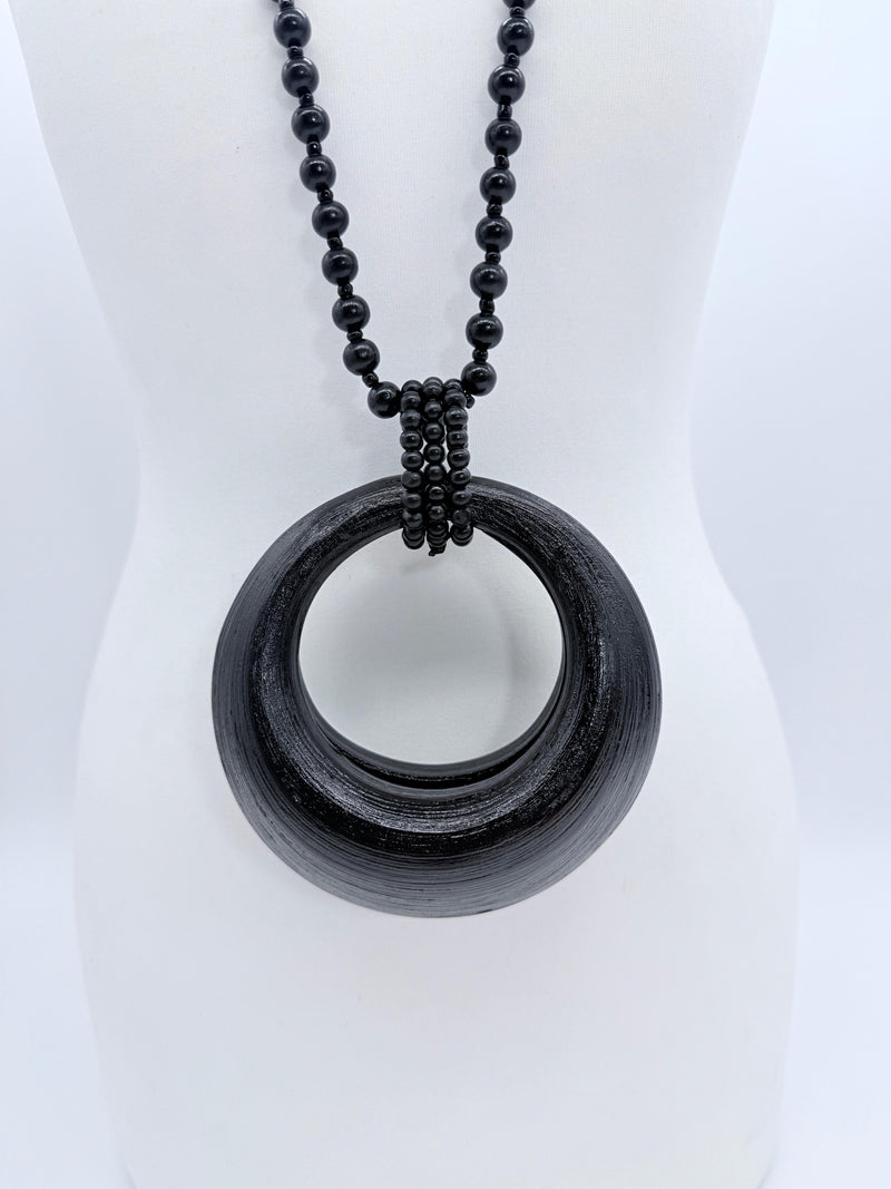 Lunar Curve – Bamboo Crescent Pendant With Recycled Wooden Weads Necklace