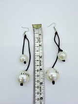 Faux Pearl "Love" on 2 Leatherette Strands Earrings - White