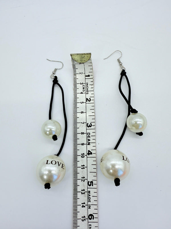 Faux Pearl "Love" on 2 Leatherette Strands Earrings - White