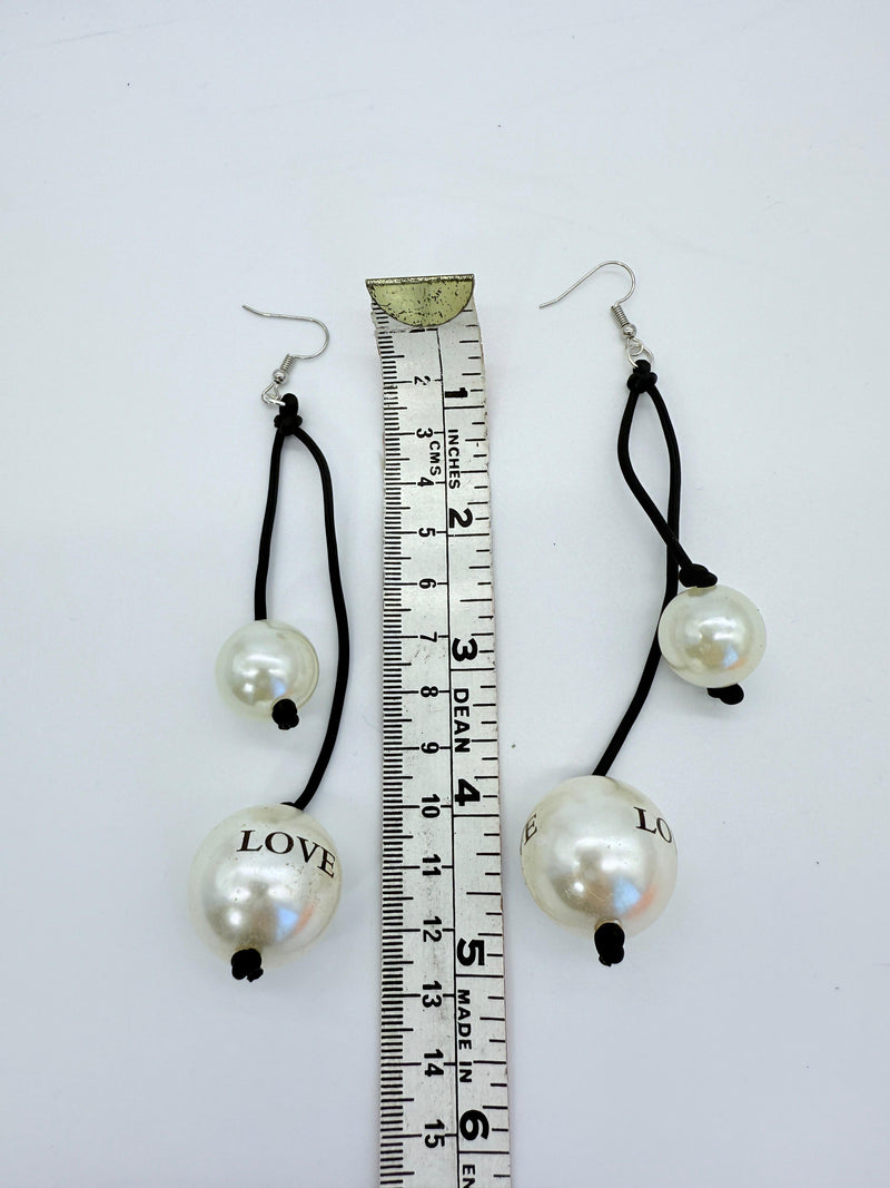 Faux Pearl "Love" on 2 Leatherette Strands Earrings - White