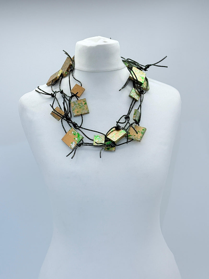Wooden Squares on Leatherette Chain Necklaces - Hand gilded