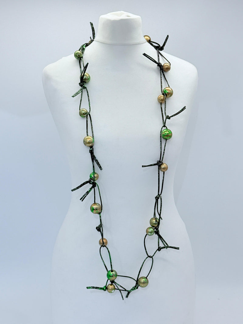 Round Beads on Leatherette Chain Necklaces - Hand gilded