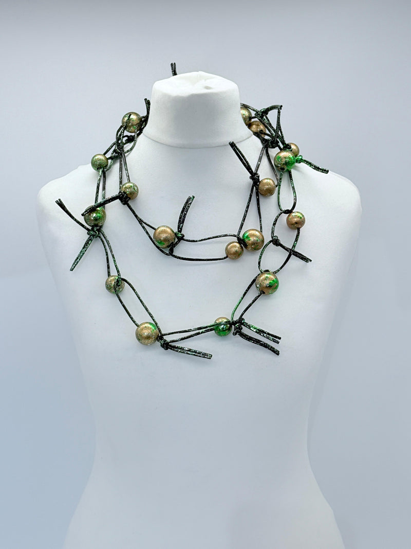 Round Beads on Leatherette Chain Necklaces - Hand gilded
