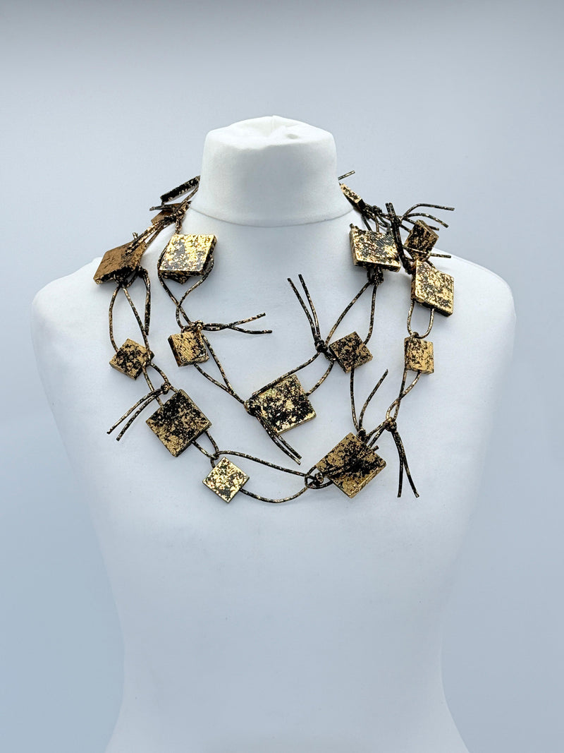 Wooden Squares on Leatherette Chain Necklaces - Hand gilded