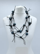 FAUX PEARLS ON LEATHERETTE CHAIN NECKLACE - BIG