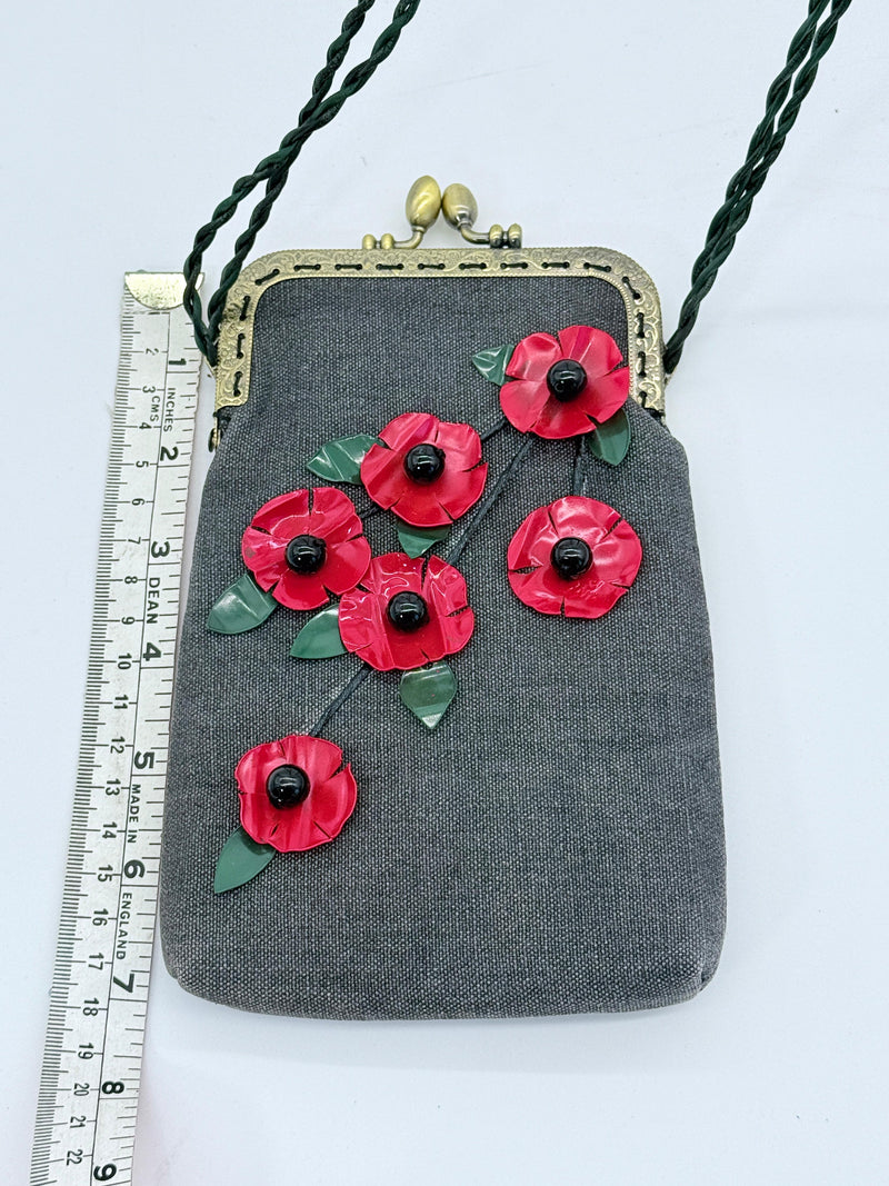 Handmade Glasses Case with Leatherette Straps - Poppy with Leaves
