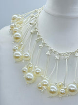 Faux Pearls on Hand-woven Leatherette Collar Necklace - White