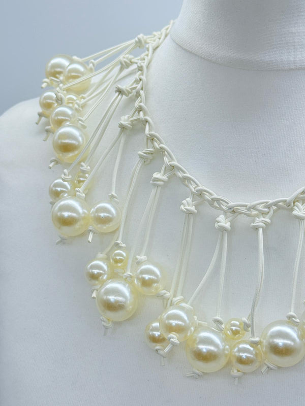 Faux Pearls on Hand-woven Leatherette Collar Necklace - White