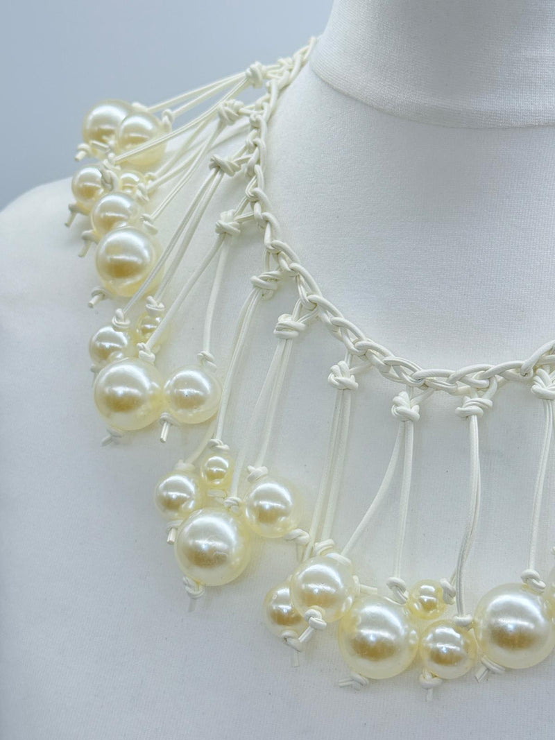 Faux Pearls on Hand-woven Leatherette Collar Necklace - White