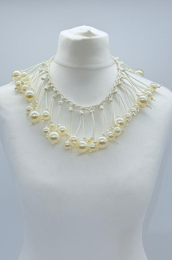 Faux Pearls on Hand-woven Leatherette Collar Necklace - White