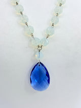Vintage Milky Crystal Beads with Blue Crystal Pendant - Long