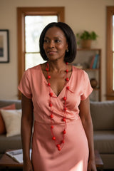 Woman wearing a pink dress with a handmade red wooden beads necklace by JIanhui London in a softly lit room.