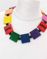 Handmade Rainbow Wooden Square Necklace – Recycled Wood LOVE Necklace | Colorful Pride Jewelry Gift