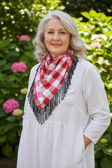 Handmade Cotton Scarf with Recycled Wood Tassel | Sustainable Boho Shawl & Decorative Table Cloth