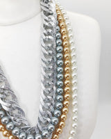 Handmade statement vintage glass pearls and silver chain necklace with ribbon