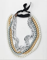 Handmade statement vintage glass pearls and silver chain necklace with ribbon