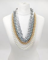 Handmade statement vintage glass pearls and silver chain necklace with ribbon