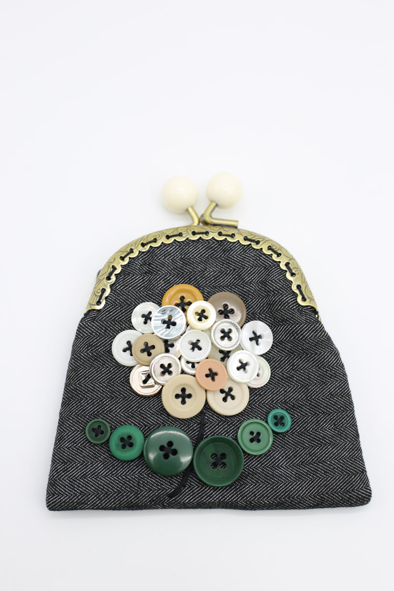 HANDMADE SMALL PURSES - RECYCLED CHARCOAL DENIM AND BUTTONS - Jianhui London