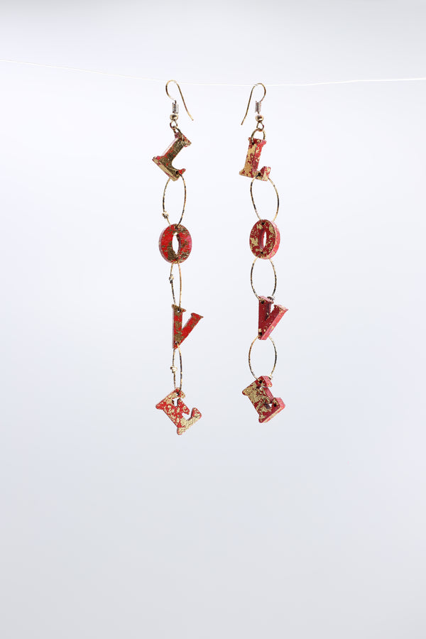 Wooden LOVE chain earrings - Hand Gilded - Jianhui London
